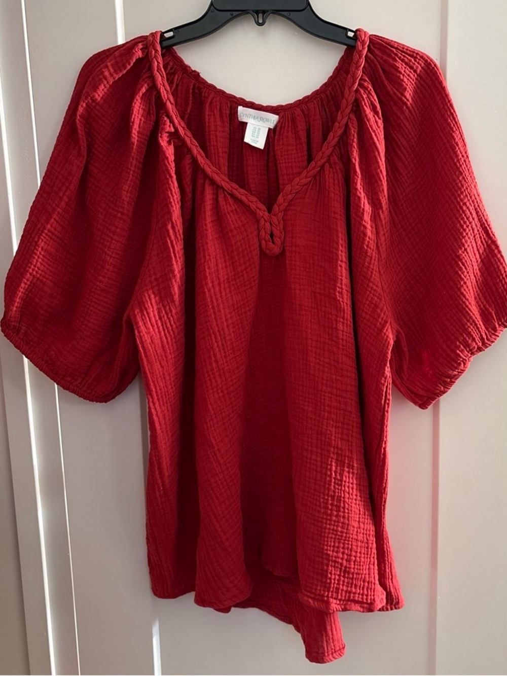 Women’s Burnt Orange Gauze Blouse with Braided V-Neck